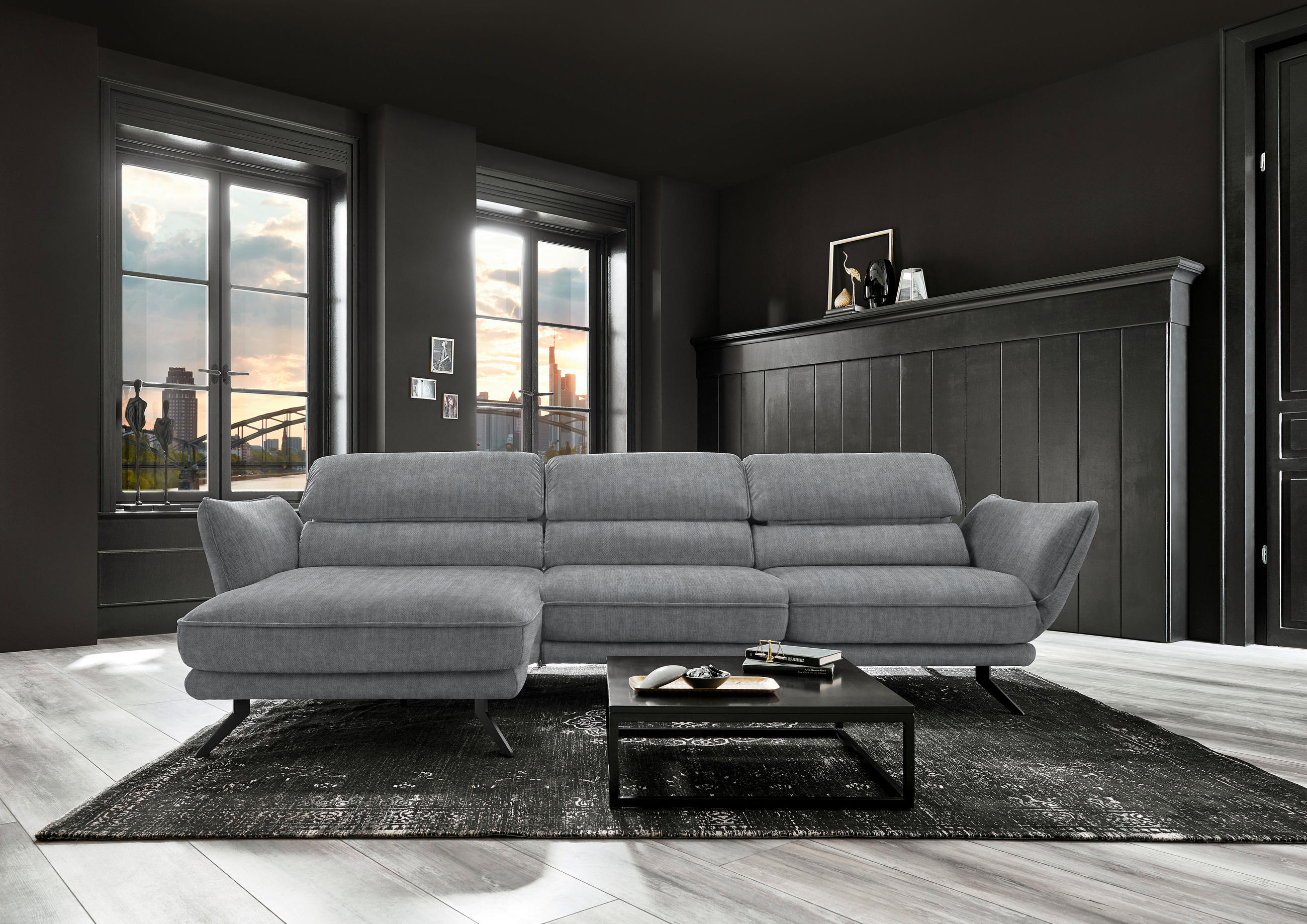 ECKSOFA in Velours Silberfarben  - Silberfarben/Schwarz, Design, Textil/Metall (153/283cm) - Valdera