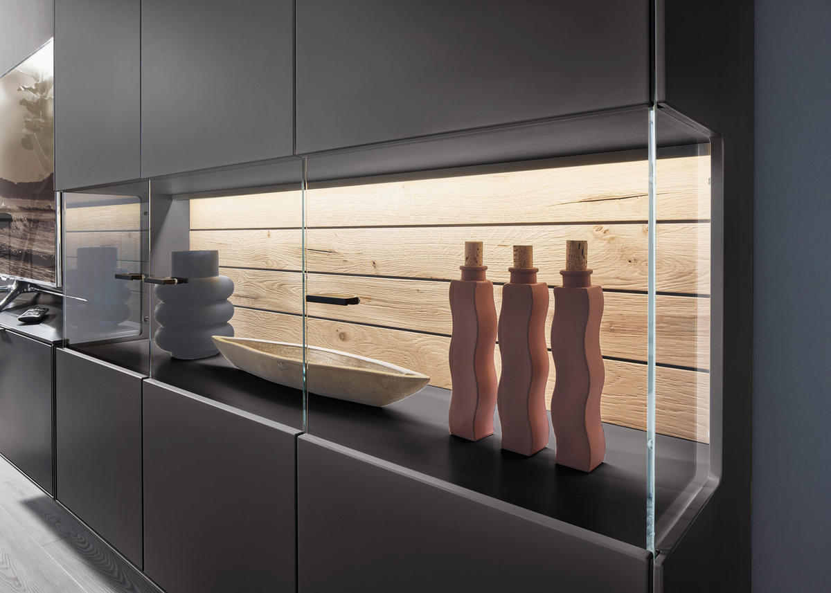 WOHNWAND  in Graphitfarben 348,8/175,7/37,1 cm  - Graphitfarben/Grau, Design, Glas/Holzwerkstoff (348,8/175,7/37,1cm) - Dieter Knoll