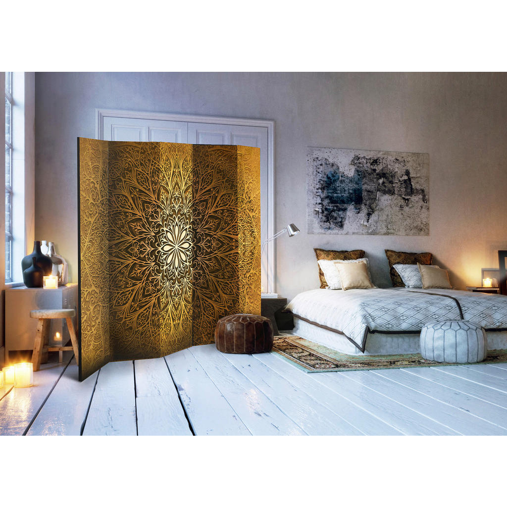 Thumbnail - artgeist Paravent, Braun, Gold, Holz, Textil, Kiefer, massiv, Mandala, 225x172x3 cm, Motiv auf Vorder- und Rückseite, Wo...