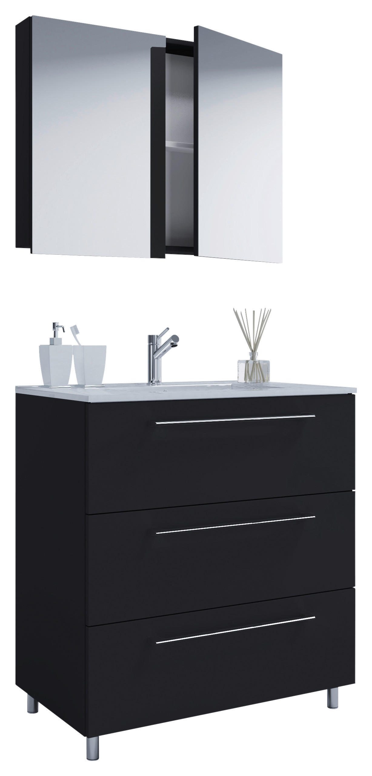 BADEZIMMER 3-teilig  in 60 cm  - Alufarben/Schwarz, MODERN, Keramik/Holzwerkstoff (60cm) - MID.YOU