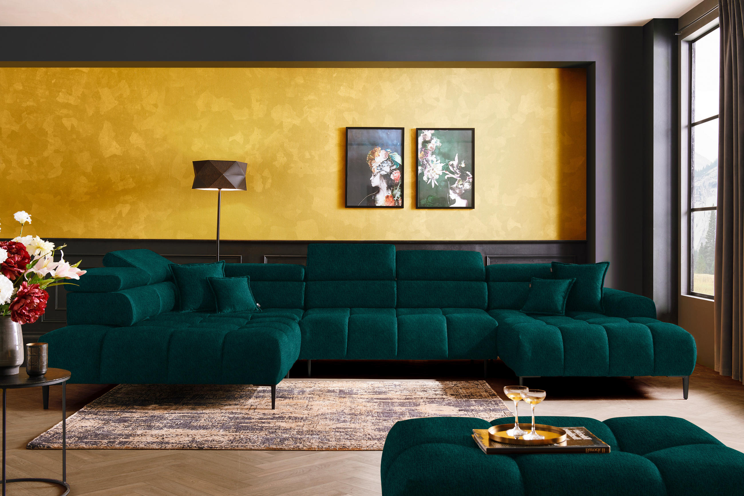 WOHNLANDSCHAFT in Samt, Webstoff Dunkelgrün  - Dunkelgrün/Schwarz, Design, Textil/Metall (216/385/177cm) - Welnova