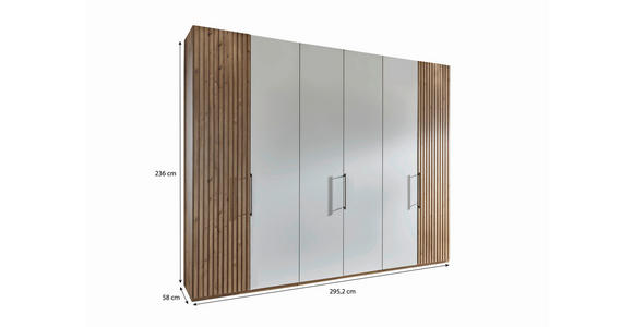 DREHTÜRENSCHRANK 300/236/58 cm 6-türig Weiß, Eiche Bianco - Schieferfarben/Eiche Bianco, Design, Glas/Holzwerkstoff (300/236/58cm) - Novel