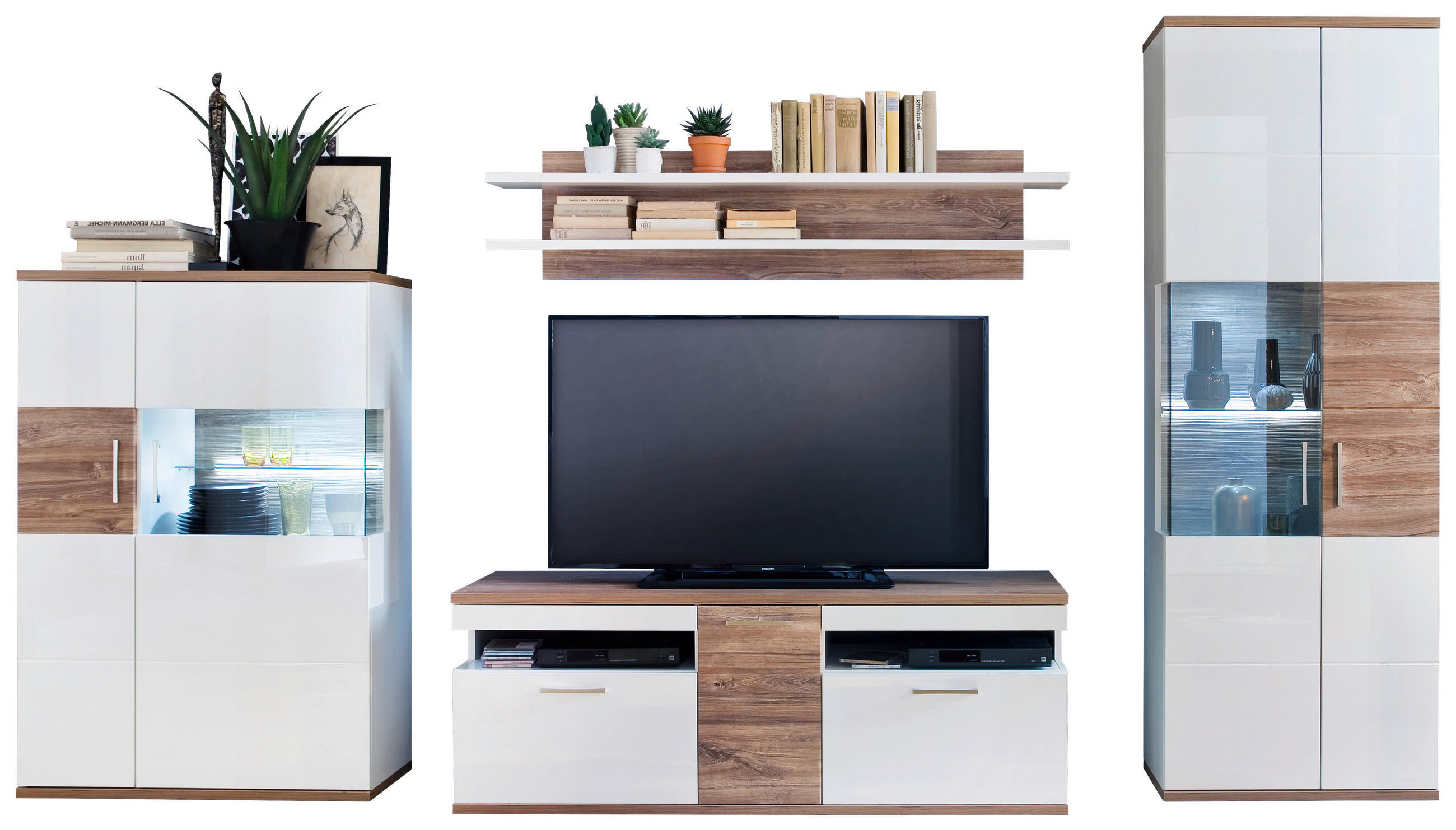 Wohnkombination 4-Tlg. Luzern Weiß/Eichefarben