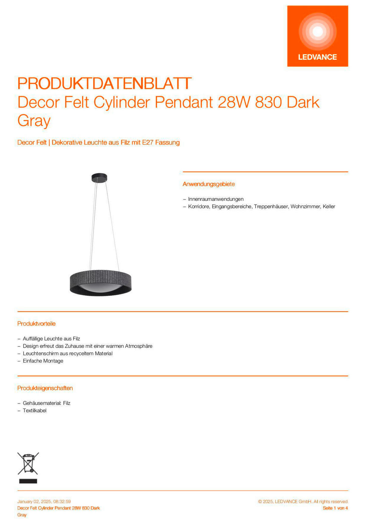 LED-PENDELLEUCHTE 50/150 cm   - Dunkelgrau, Natur, Kunststoff/Textil (50/150cm) - Ledvance