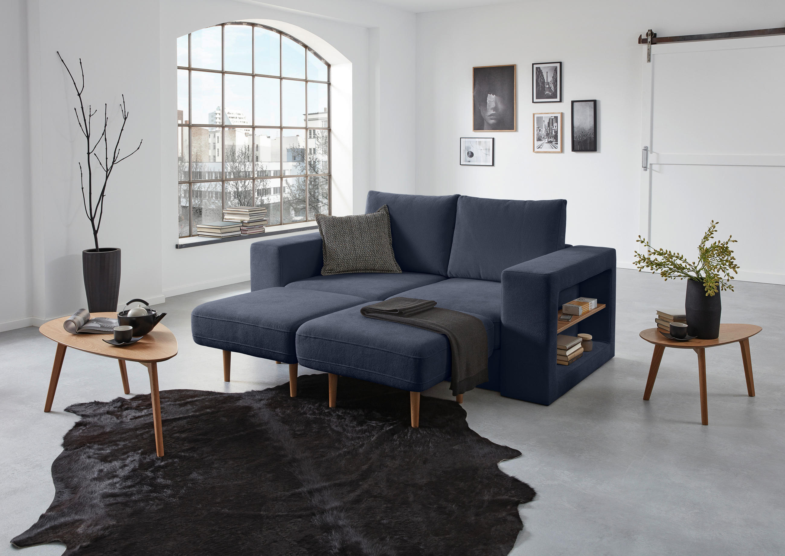 3,5-SITZER inkl. Hocker in Webstoff Dunkelblau  - Eichefarben/Dunkelblau, Design, Holz/Textil (232/96/107cm) - LOOKS by W.Joop
