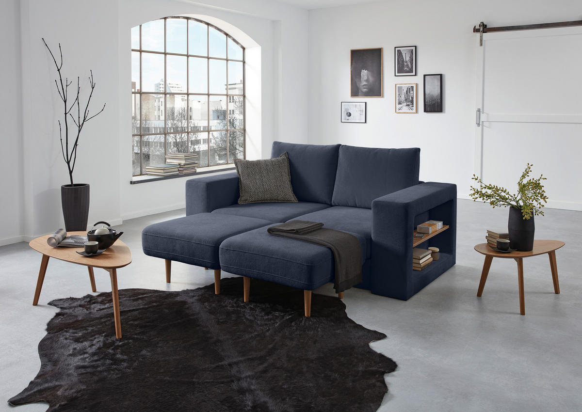DREISITZER-SOFA inkl. Hocker Webstoff Dunkelblau  - Eichefarben/Dunkelblau, Design, Holz/Textil (212/96/107cm) - LOOKS by W.Joop