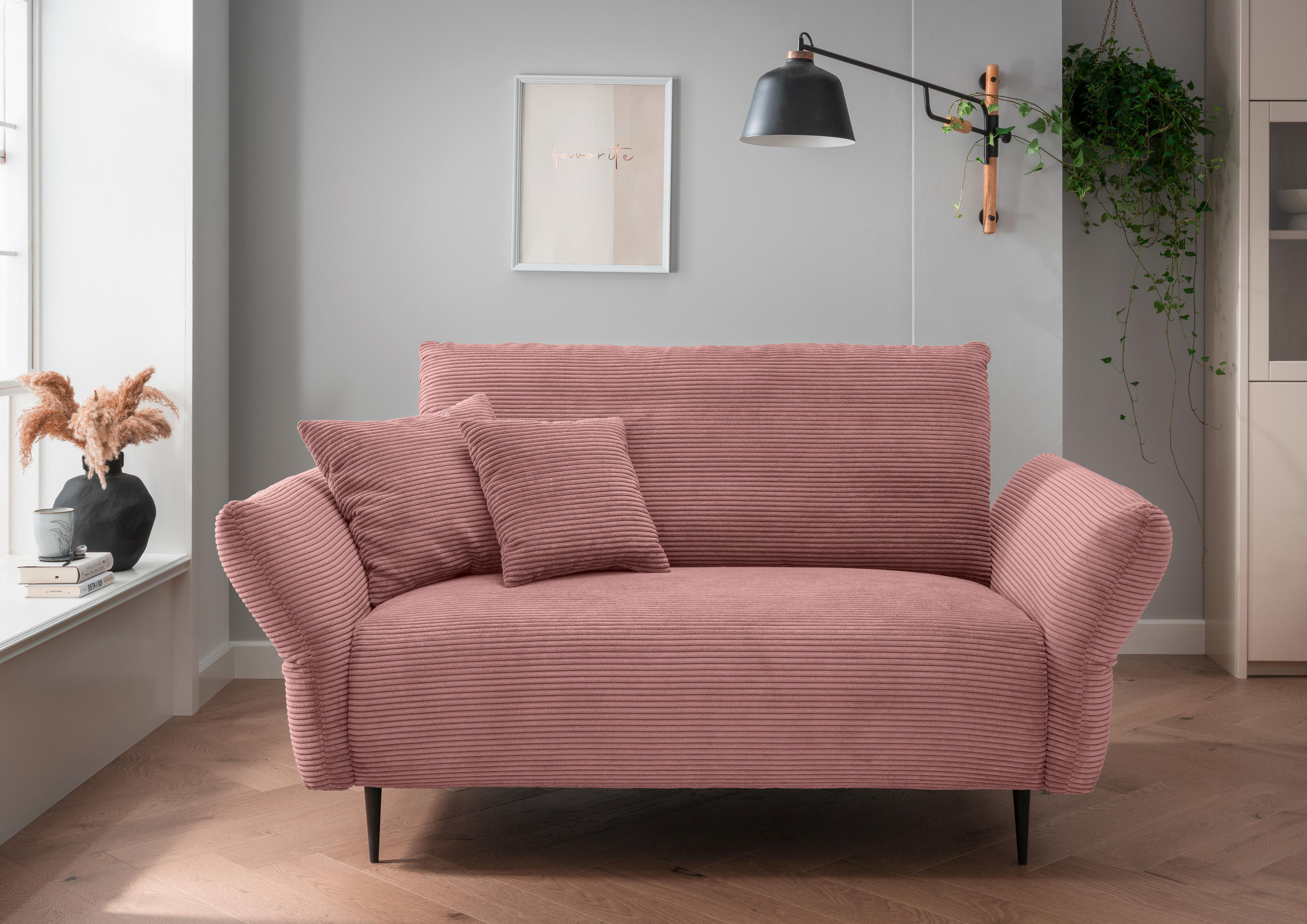 2-SITZER-SOFA in Cord Rosa - Schwarz/Rosa, Design, Textil/Metall (163/97/102cm) - Livetastic