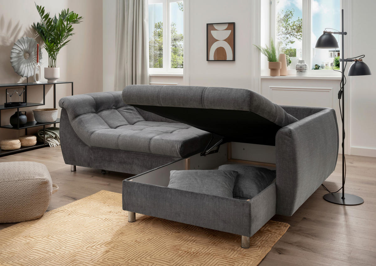 ECKSCHLAFSOFA in Mikrofaser Dunkelgrau  - Chromfarben/Dunkelgrau, Modern, Textil/Metall (250/190cm) - Livetastic