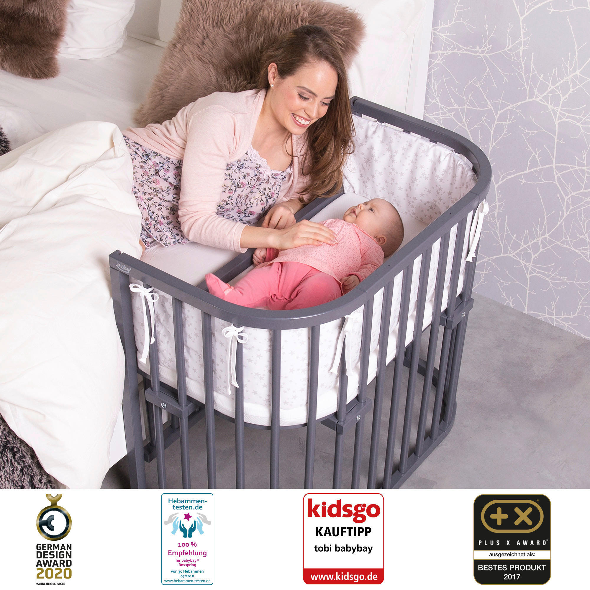 BEISTELLBETT Maxi Comfort Plus  - Schieferfarben/Grau, Basics, Holz (56,5/79/96cm) - Babybay