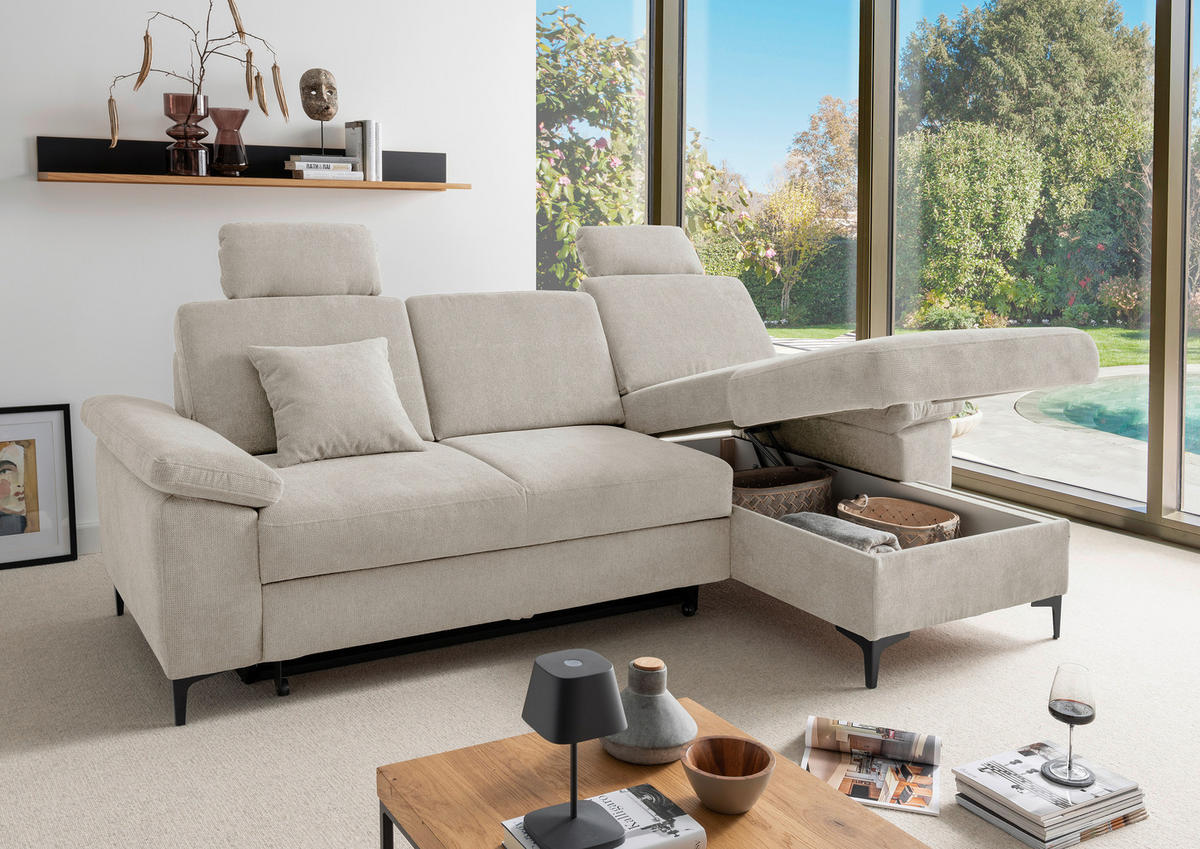 ECKSOFA Chenille Naturfarben  - Schwarz/Naturfarben, Konventionell, Textil/Metall (245/151cm) - Livetastic
