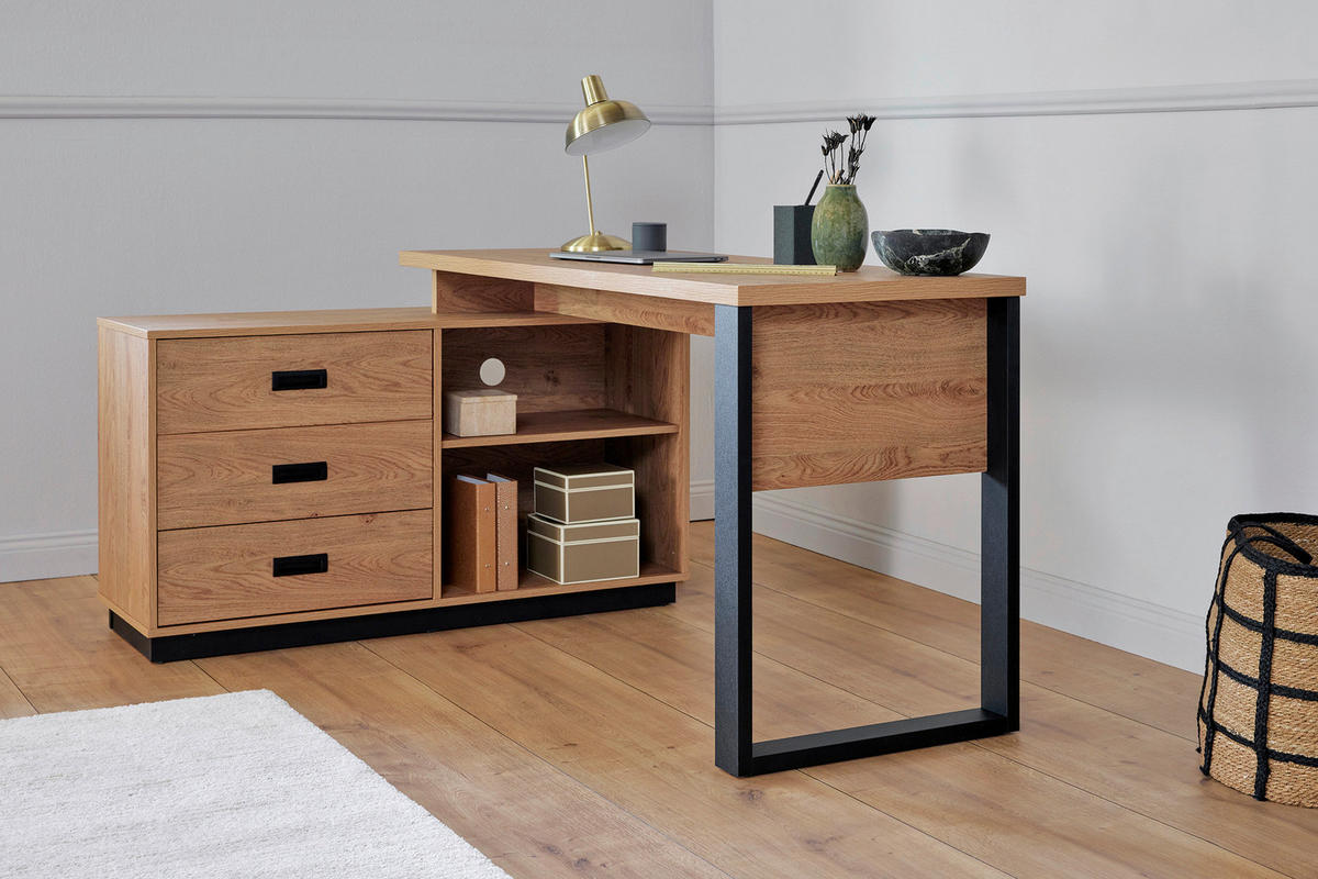 ECKSCHREIBTISCH 150/116/76 cm  in Schwarz, Eichefarben  - Eichefarben/Schwarz, Modern, Holzwerkstoff/Metall (150/116/76cm) - Livetastic