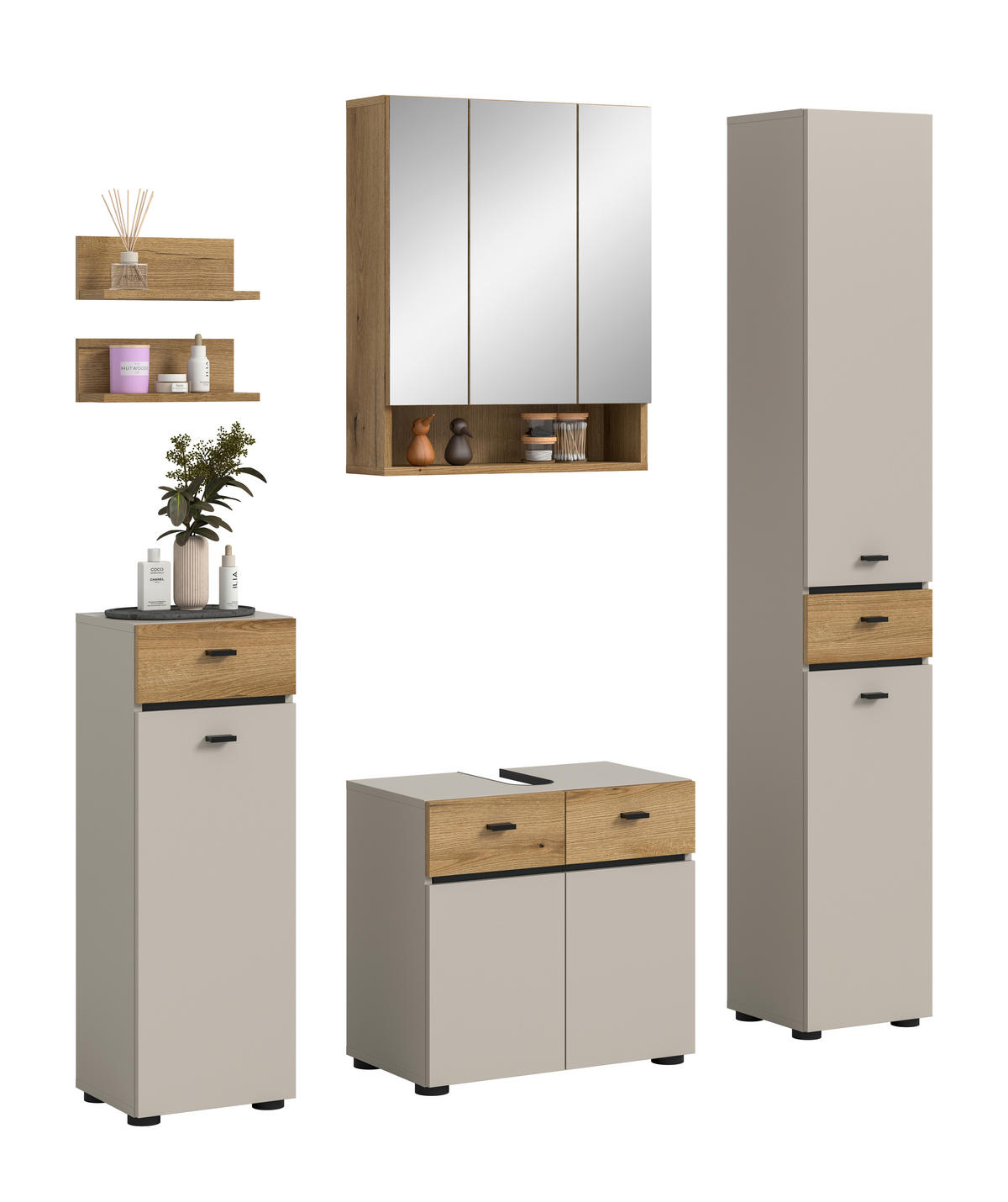 BADEZIMMER 5-teilig  in 124 cm  - Kaschmir/Eichefarben, Trend, Glas/Holzwerkstoff (124cm) - MID.YOU
