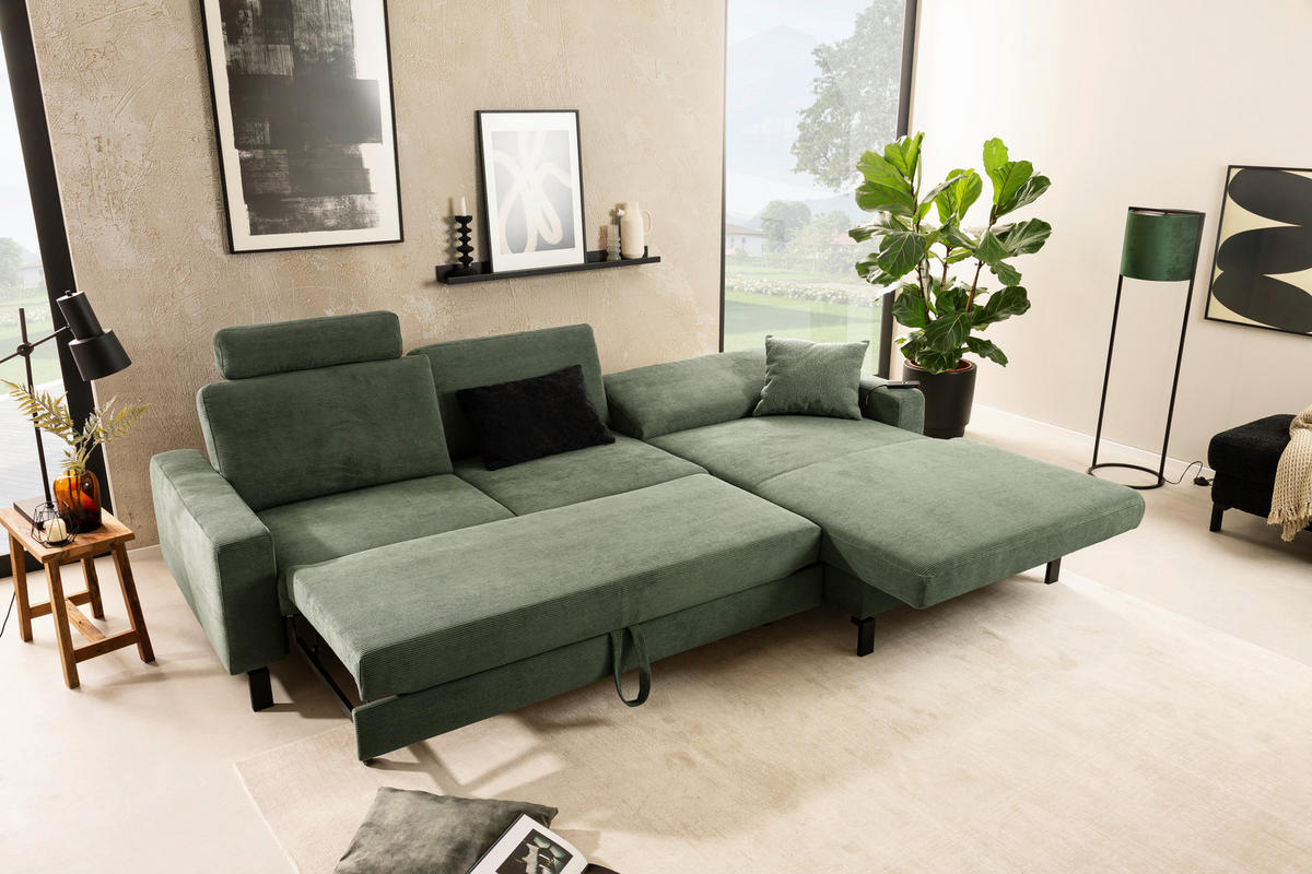 ECKSOFA in Cord Olivgrün  - Schwarz/Olivgrün, Design, Textil/Metall (185/298cm) - Pure Home Lifestyle