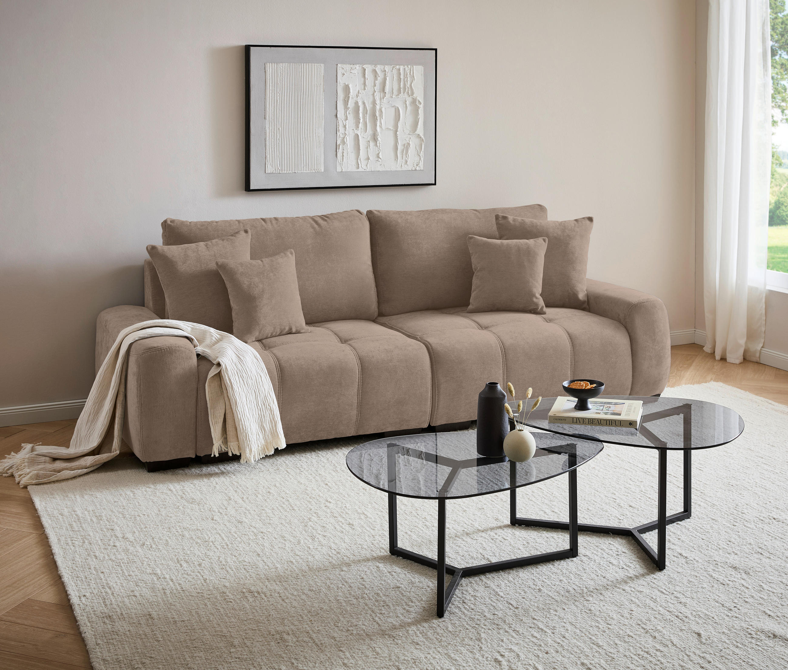 BIGSOFA Chenille Taupe  - Taupe/Dunkelbraun, KONVENTIONELL, Kunststoff/Textil (250/100/90cm) - Carryhome