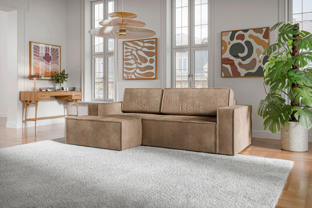 ECKSOFA inkl. Funktionen Hellbraun Cord  - Hellbraun/Schwarz, MODERN, Kunststoff/Textil (149/245cm) - Stylife