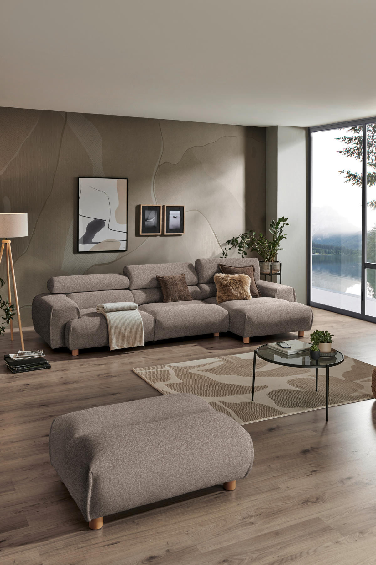 ECKSOFA in Velours Hellbraun  - Hellbraun/Buchefarben, Design, Holz/Textil (329/150cm) - Lomoco