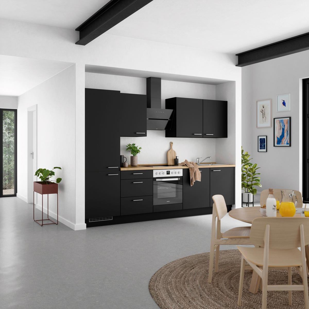 KÜCHENLEERBLOCK 300 cm   in Schwarz, Eichefarben  - Edelstahlfarben/Eichefarben, MODERN, Holzwerkstoff/Metall (300cm) - Nobilia