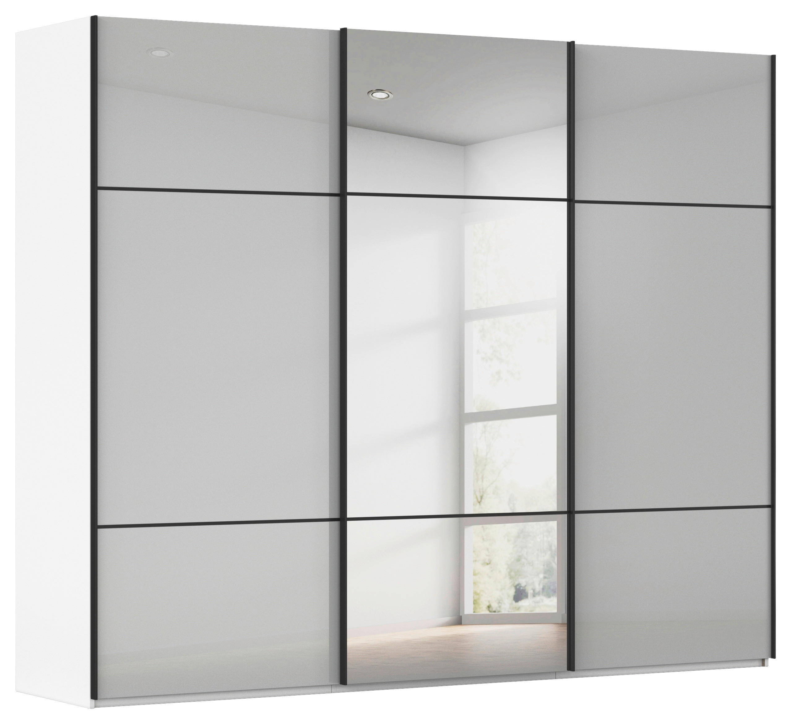 SCHWEBETÜRENSCHRANK 242/223/68 cm,  in Grau, Weiß, 3 Tür(en)  - Schwarz/Weiß, KONVENTIONELL, Glas/Holzwerkstoff (242/223/68cm) - Novel
