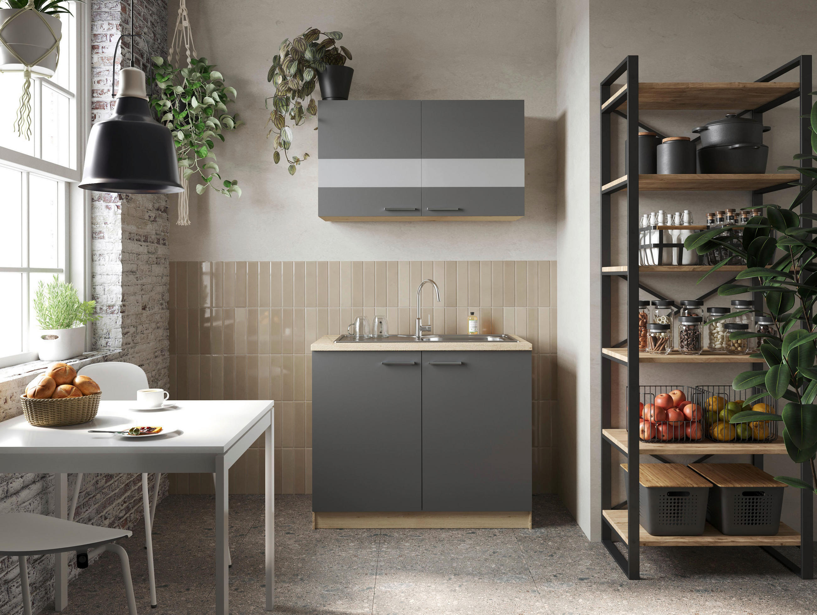 MINIKÖK 100 cm i ekfärgad, grå - silver/grå, Basics, metall/trämaterial (100cm) - Respekta