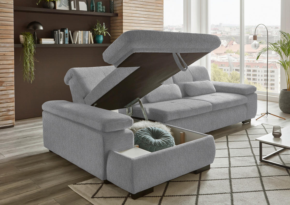 ECKSOFA in Flachgewebe Greige  - Greige/Schwarz, Design, Textil/Metall (174/297cm) - Beldomo Style