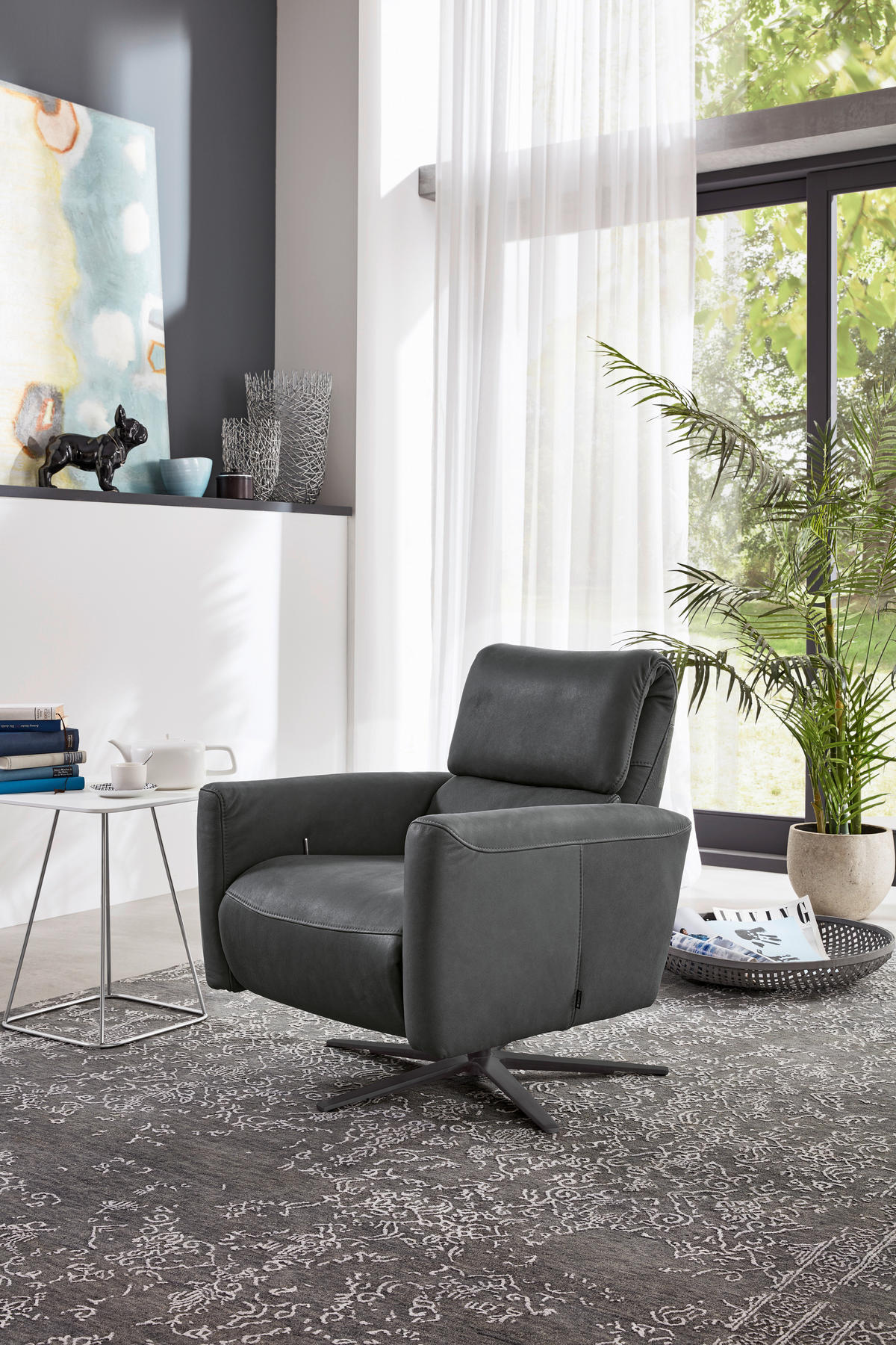 RELAXSESSEL Echtleder Relaxfunktion, Kopfteilverstellung, Rücken echt    - Schwarz/Graphitfarben, Design, Leder/Metall (74/88-117/82-183cm) - Musterring