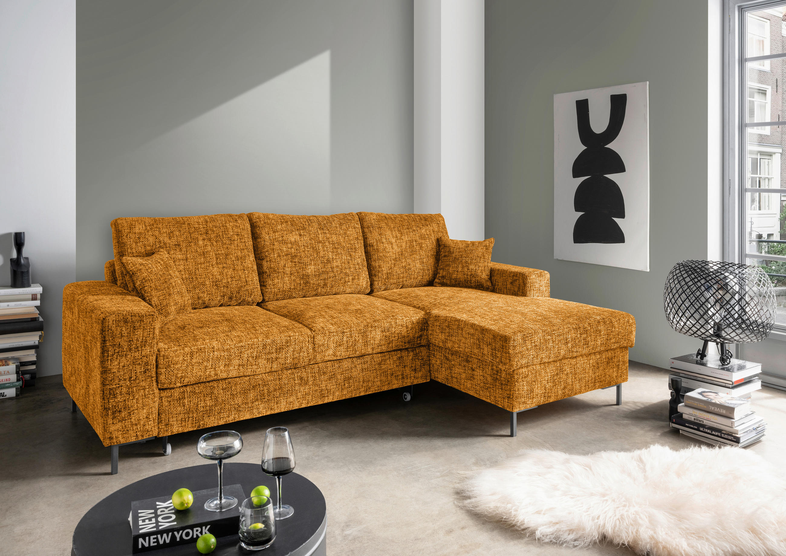 ECKSCHLAFSOFA in Struktur Goldfarben - Goldfarben/Schwarz, KONVENTIONELL, Textil/Metall (237/143cm) - Livetastic