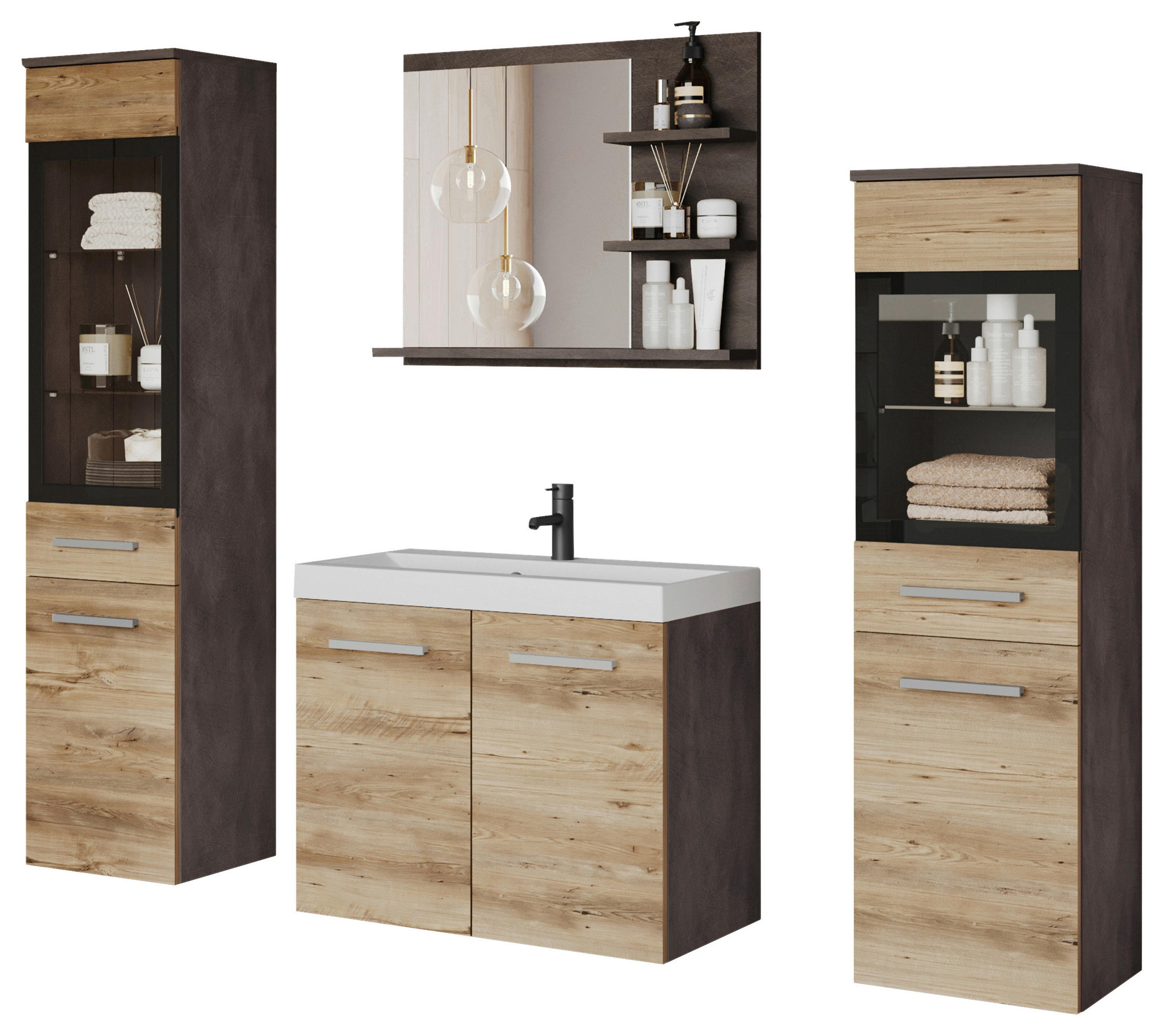 BADEZIMMER 5-teilig  in  - Kastanieneichefarben/Anthrazit, LIFESTYLE, Glas/Keramik (120,4/131,5/34,5cm) - P & B