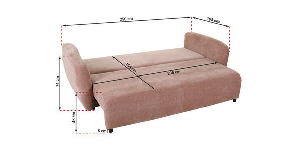 SCHLAFSOFA mit Liegefunktion, Schlafen auf Sitzhöhe, Rücken echt Flachgewebe Altrosa - Schwarz/Altrosa, KONVENTIONELL, Kunststoff/Textil (250/74/108cm) - Carryhome