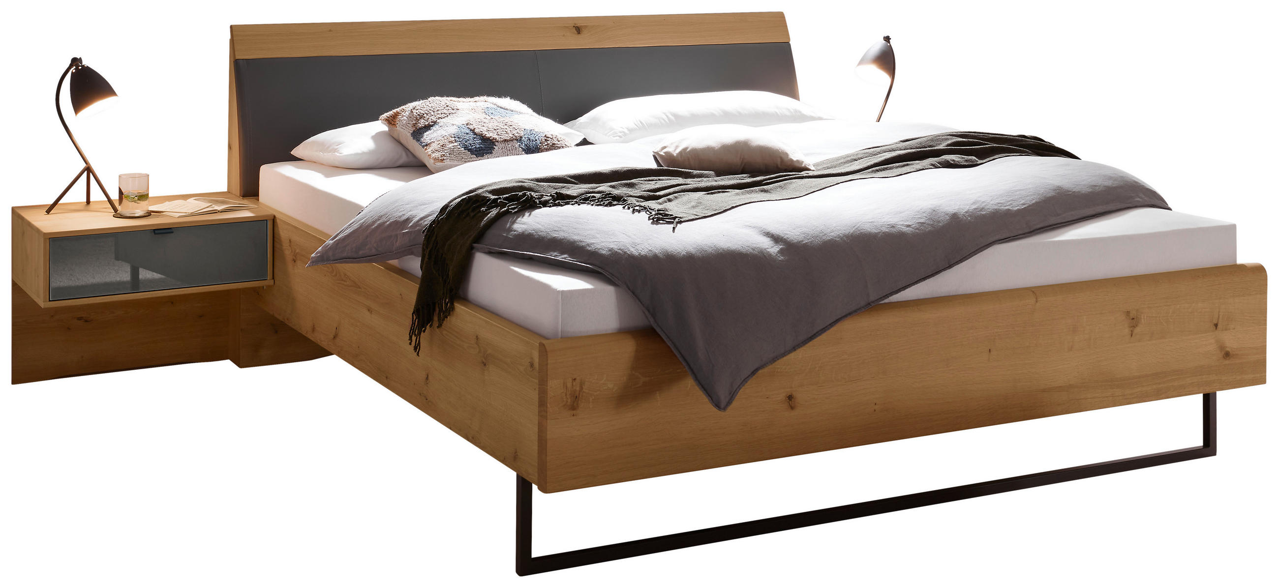 POSTELJNA GARNITURA 200 cm x 180 cm , steklo, tekstil, leseni material, les hrast bianco, lava siva - hrast bianco/lava siva, Design, steklo/tekstil (180/200cm) - Dieter Knoll