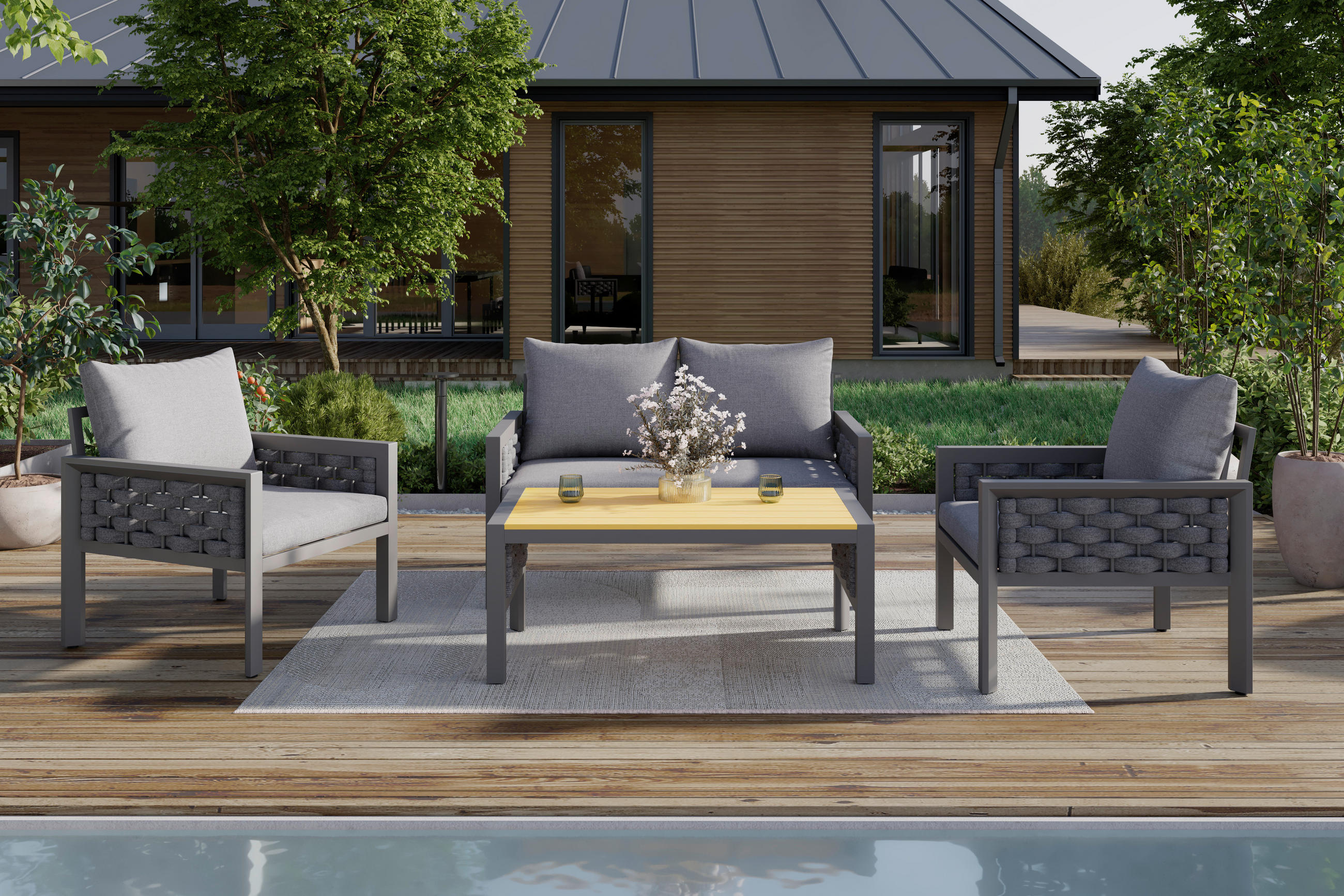 LOUNGEGARNITUR 4-teilig   290/73/153 cm Stahl  - Dunkelgrau/Grau, MODERN, Kunststoff/Textil (290/73/153cm) - Ambia Garden