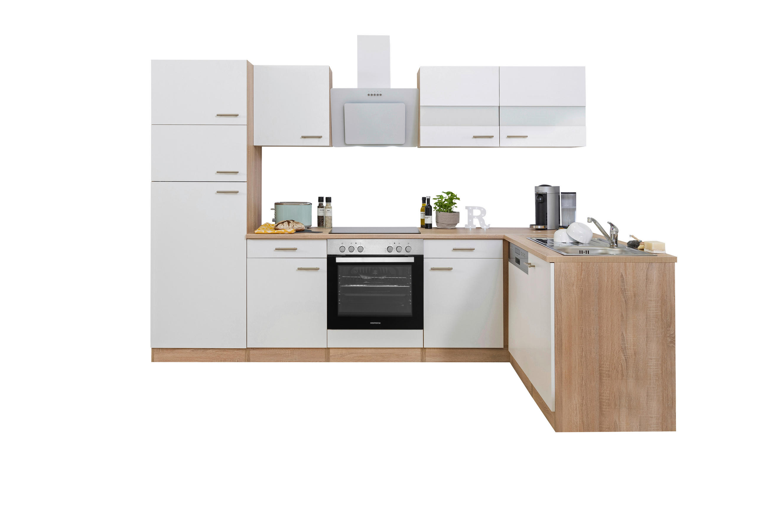 ECKKÜCHE 280/172 cm  in Weiß, Eichefarben  - Eichefarben/Weiß, Basics, Glas/Holzwerkstoff (280/172cm) - Respekta