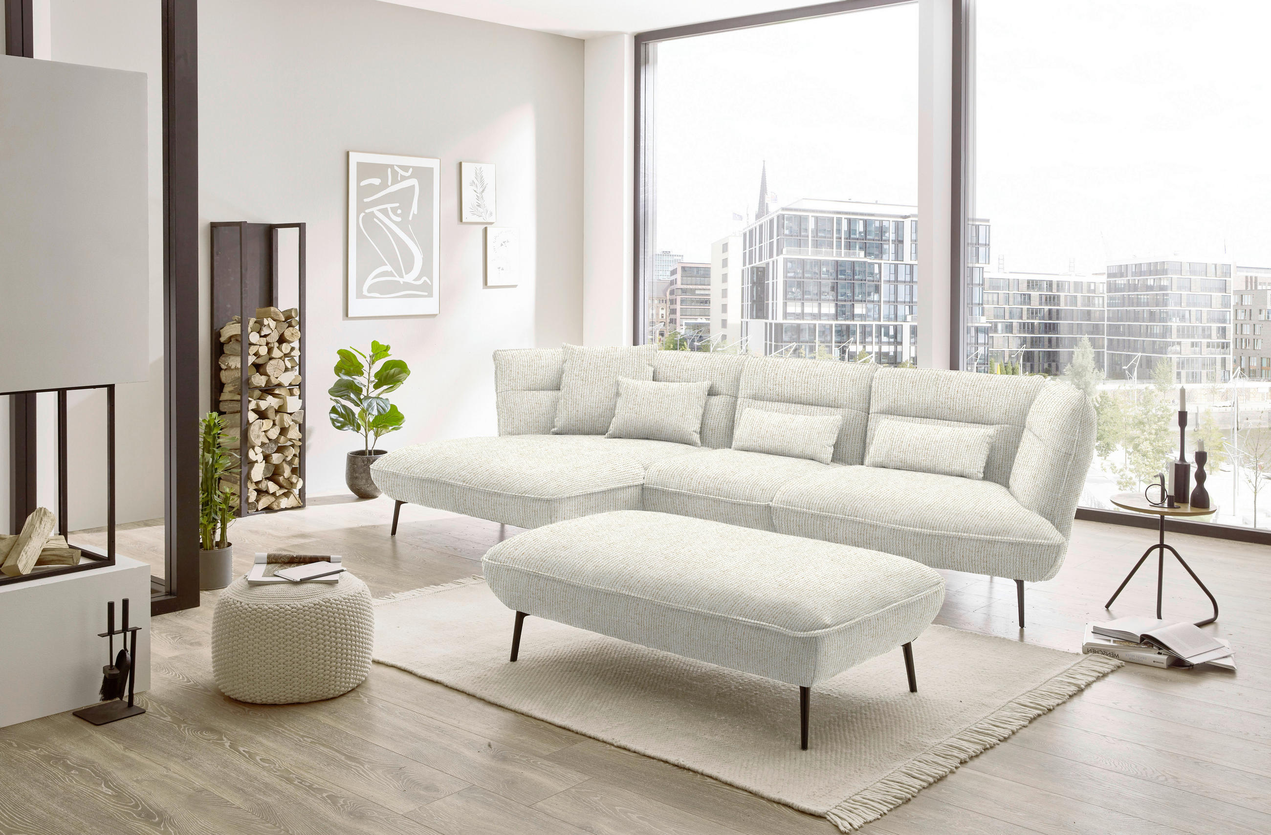 ECKSOFA in Flachgewebe Creme  153/339 cm  - Creme/Schwarz, Design, Textil/Metall (153/339cm) - Moderano
