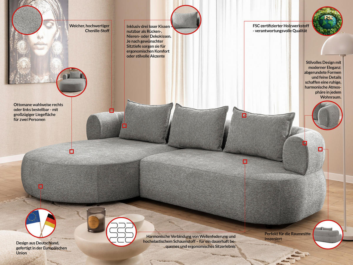 ECKSOFA in Chenille Grau  156/256 cm  - Schwarz/Grau, Design, Kunststoff/Textil (156/256cm) - Livetastic