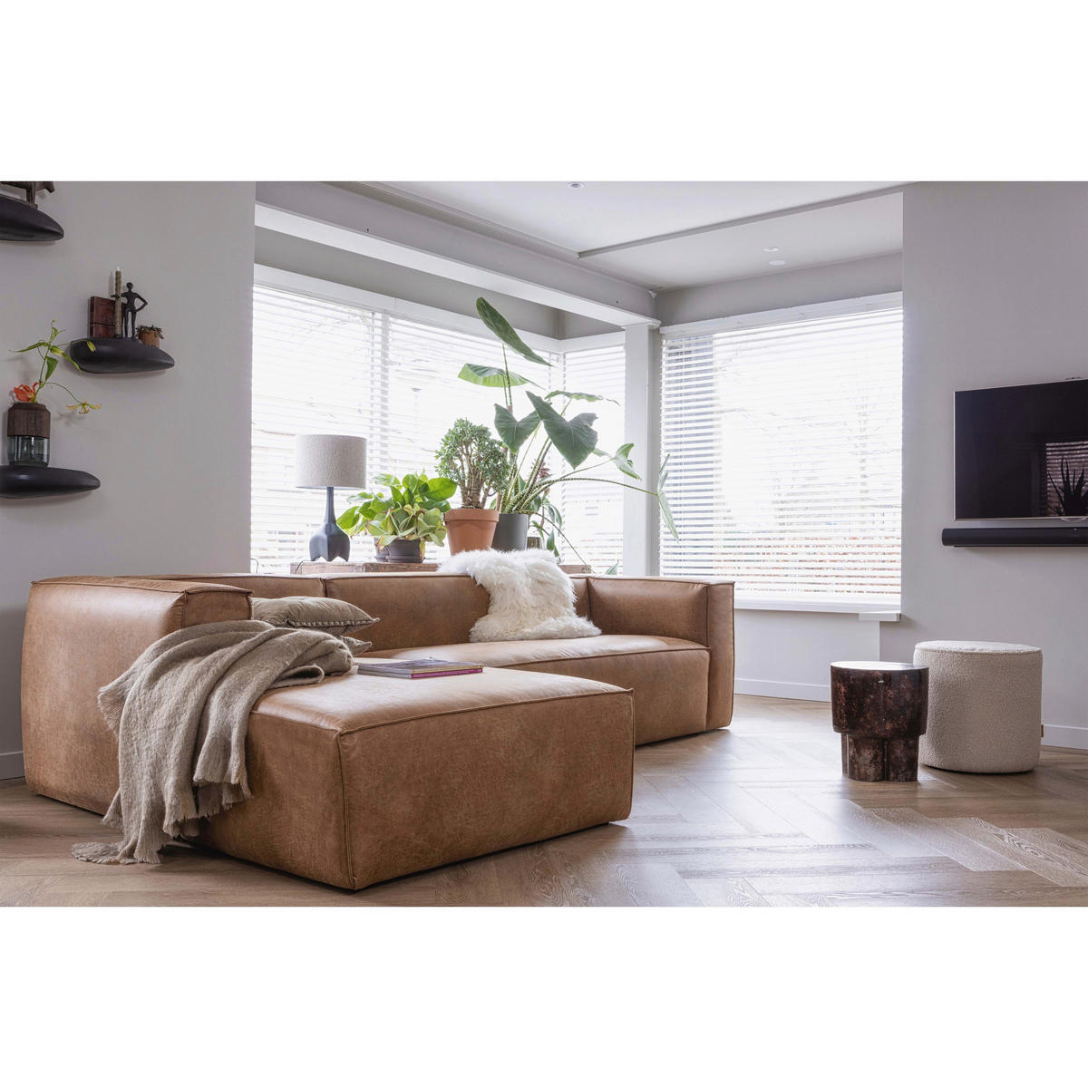 ECKSOFA Bean Cognac Kombination Echtleder/Stoff Lederlook  - Cognac/Schwarz, Design, Leder/Kunststoff (175/305cm) - Livetastic