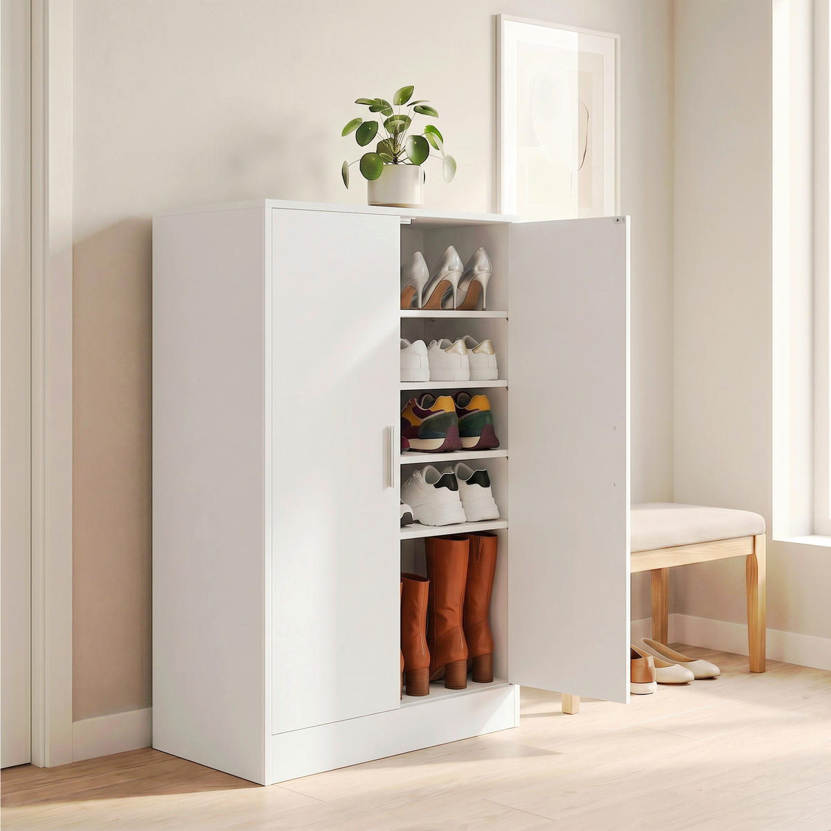 SCHUHSCHRANK Weiß  - Silberfarben/Weiß, Trend, Holzwerkstoff/Kunststoff (60/90,5/37cm) - Boxxx