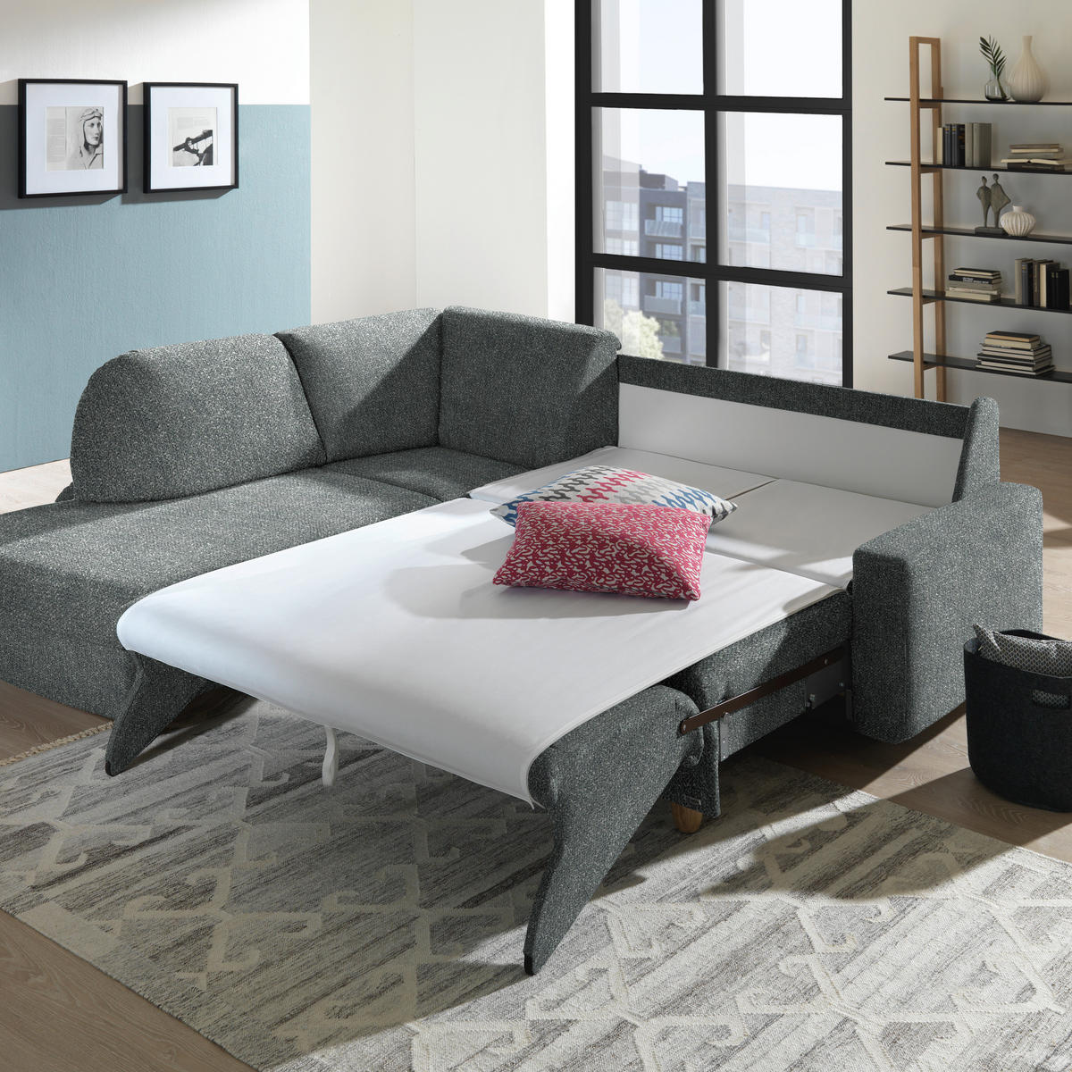 ECKSOFA  in Mikrovelours Graugrün  208/227 cm  - Eichefarben/Rot, KONVENTIONELL, Holz/Textil (208/227cm) - Sedda