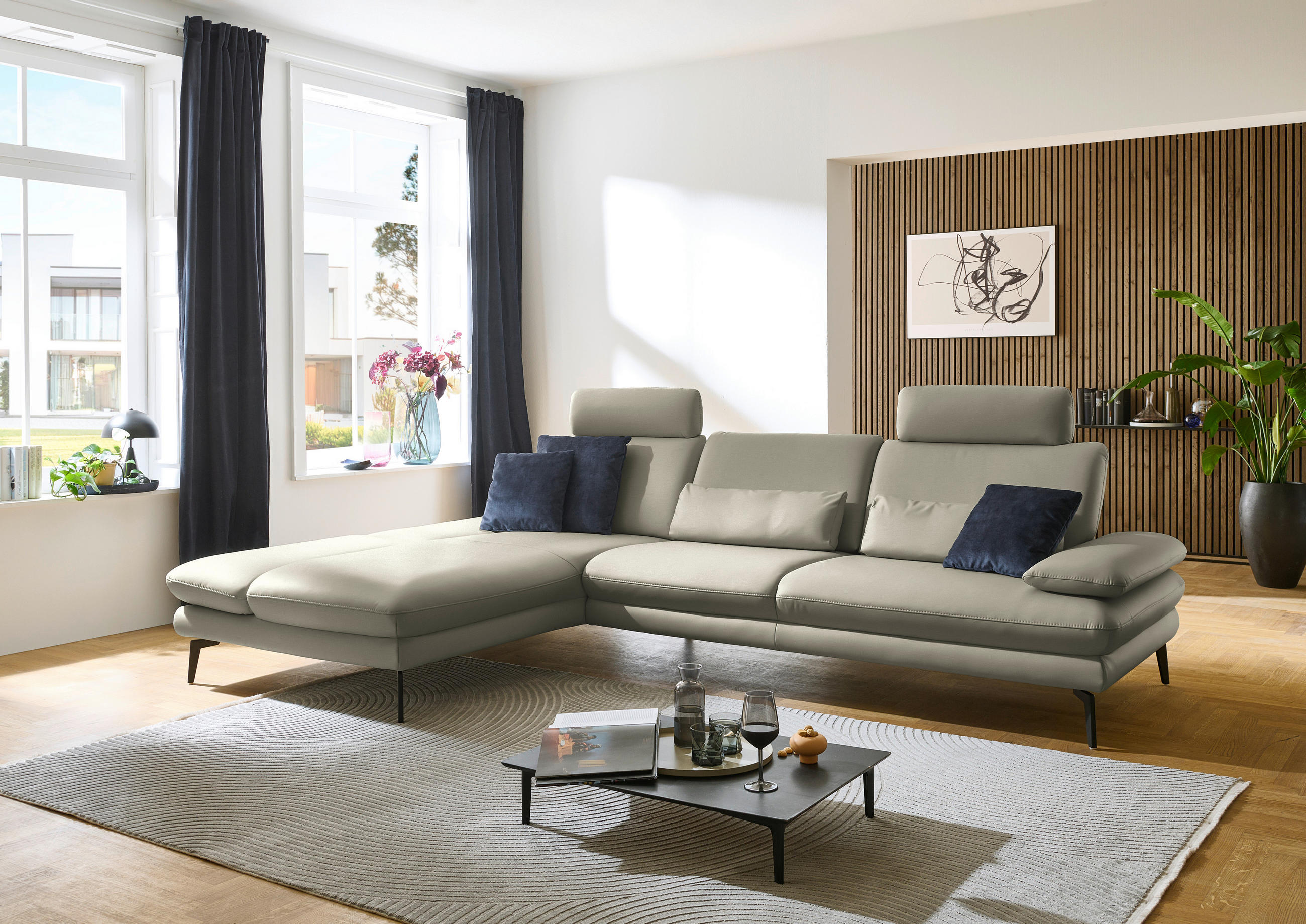 ECKSOFA in Echtleder Hellgrau  - Hellgrau/Schwarz, Design, Leder/Metall (195/308cm) - Dieter Knoll