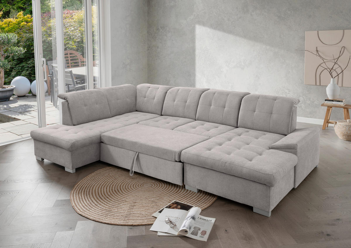 WOHNLANDSCHAFT Grau Chenille  - Chromfarben/Grau, MODERN, Kunststoff/Textil (212/330/169cm) - Livetastic