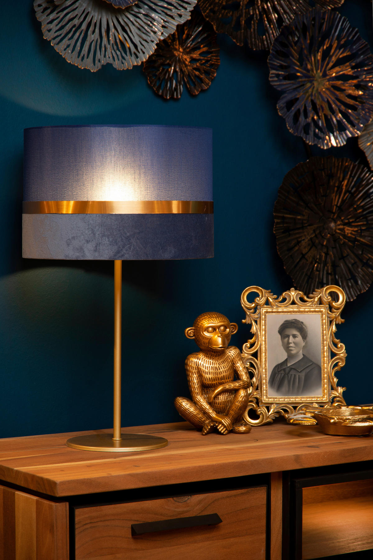 TISCHLEUCHTE - Blau/Goldfarben, Design, Textil/Metall (30/30/50cm) - Lucide