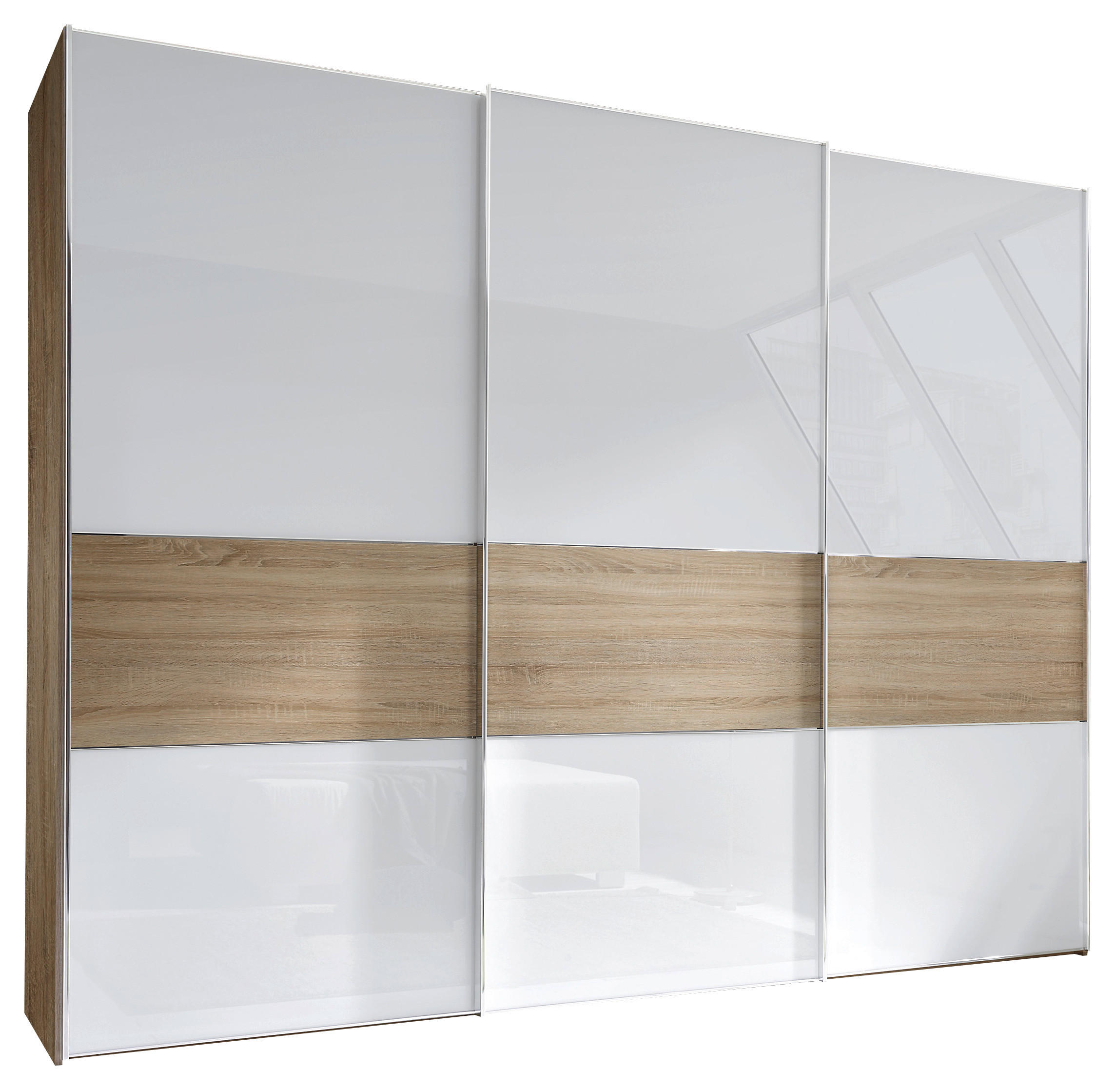SCHWEBETÜRENSCHRANK in Weiss, Eichefarben  - Chromfarben/Weiss, Basics, Glas/Holzwerkstoff (249/222/68cm) - Moderano