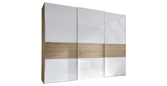 SCHWEBETÜRENSCHRANK in Weiß, Eichefarben - Chromfarben/Eichefarben, Basics, Glas/Holzwerkstoff (249/222/68cm) - Moderano