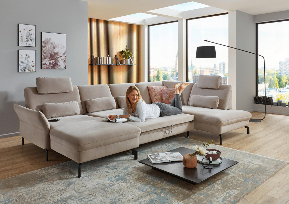 WOHNLANDSCHAFT in Velours Graubraun  - Graubraun/Schwarz, Design, Textil/Metall (220/335/179cm) - Beldomo System