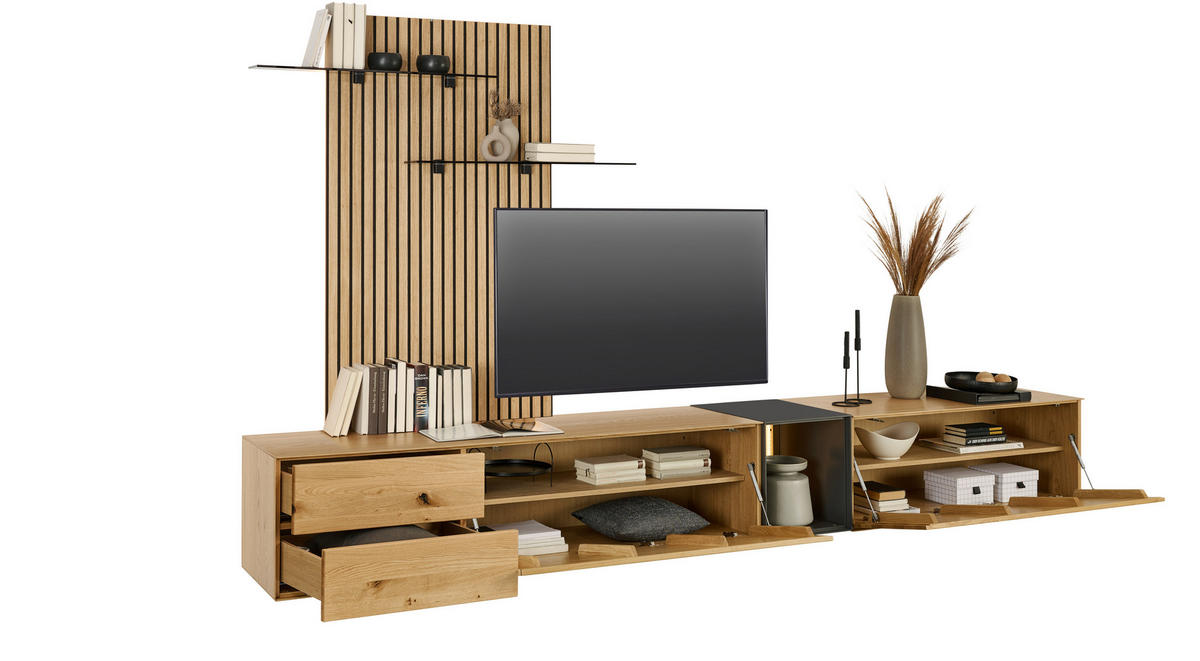 WOHNWAND  in Anthrazit, Eichefarben  342/160/50 cm  - Eichefarben/Anthrazit, Design, Glas/Holz (342/160/50cm) - Dieter Knoll