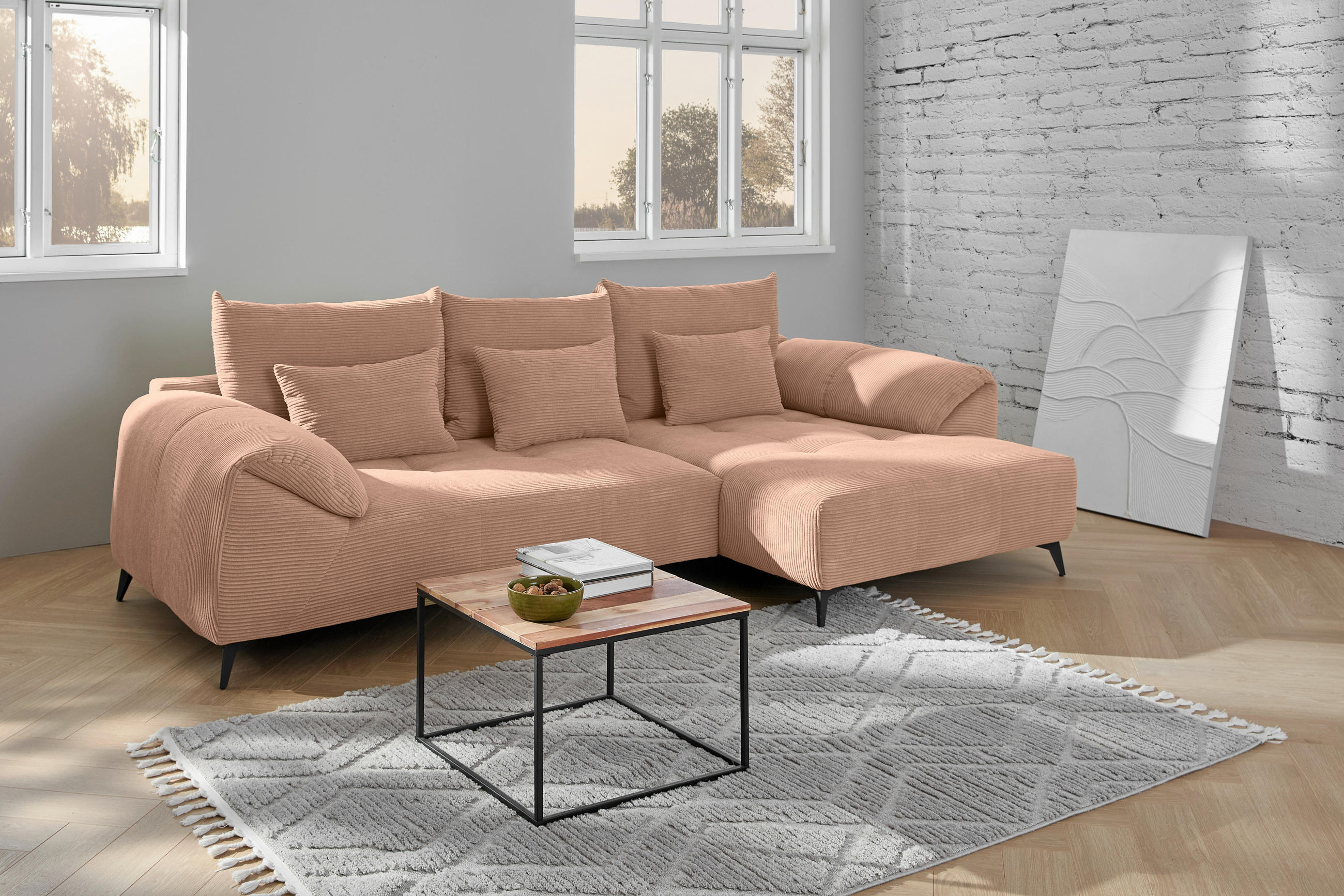 ECKSOFA in Cord Altrosa  - Schwarz/Altrosa, Konventionell, Textil/Metall (311/176cm) - Carryhome