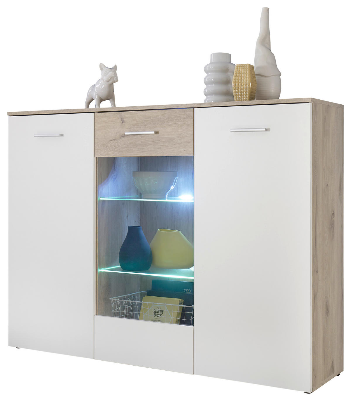 VITRINE  in Weiß, Eichefarben - Eichefarben/Silberfarben, Design, Glas/Holzwerkstoff (150/113/40cm) - MID.YOU