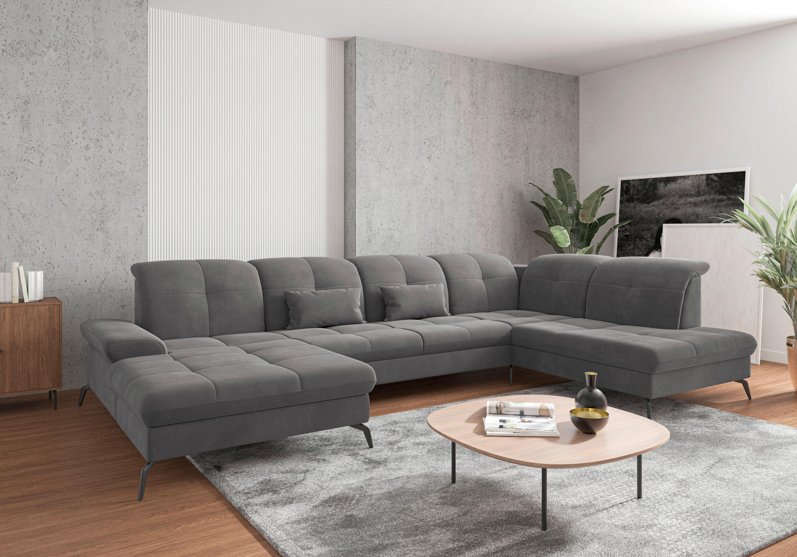 WOHNLANDSCHAFT Grau Flachgewebe  - Schwarz/Grau, KONVENTIONELL, Textil/Metall (185/357/231cm) - Sit & More