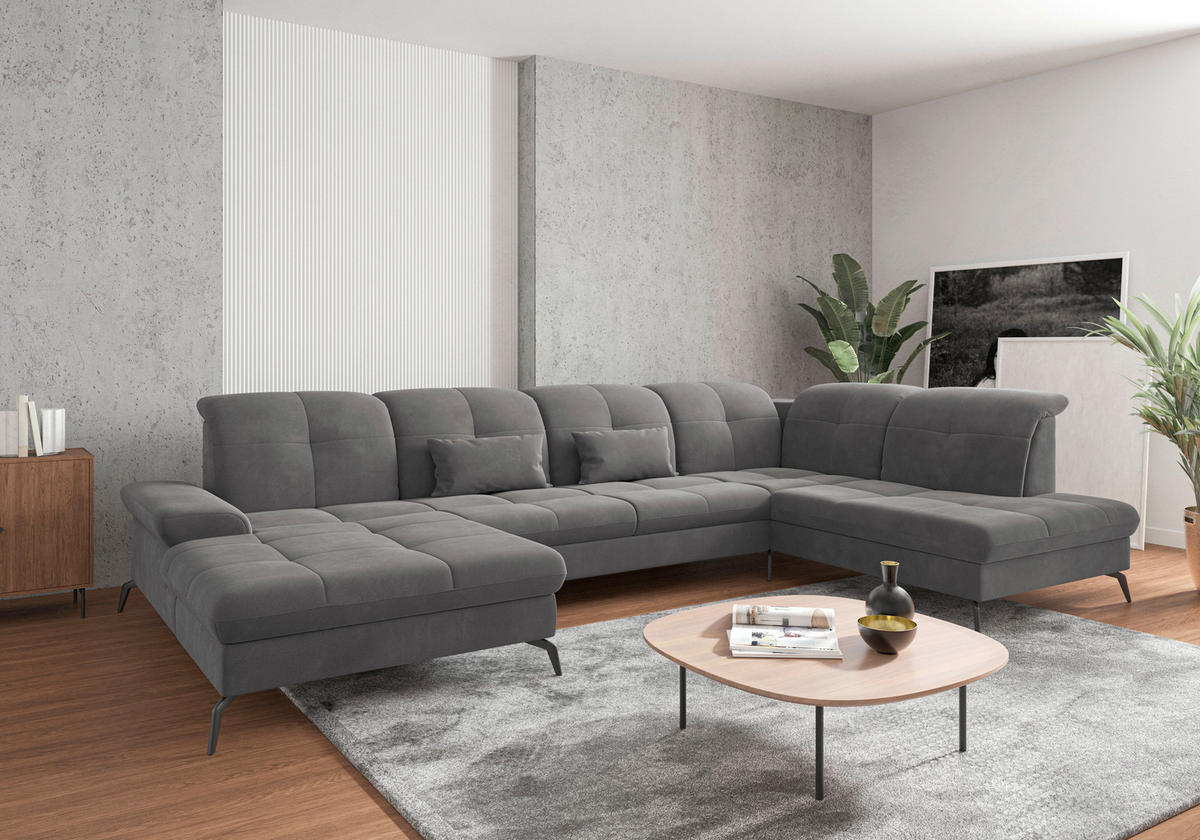 WOHNLANDSCHAFT Grau Flachgewebe  - Schwarz/Grau, KONVENTIONELL, Textil/Metall (185/357/231cm) - Sit & More