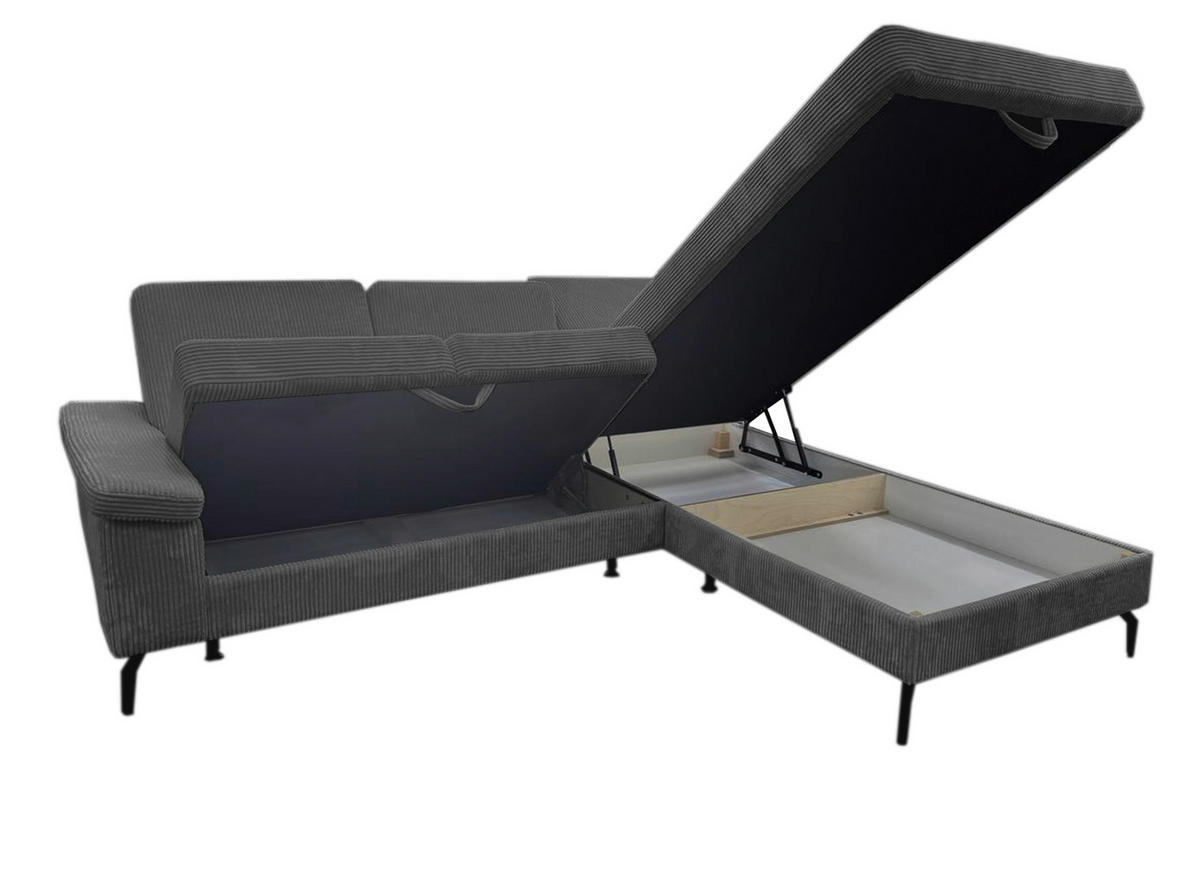 ECKSOFA Anthrazit Velours Bettkasten, Sitzvorzug  - Anthrazit/Schwarz, KONVENTIONELL, Textil/Metall (253/206cm) - Venda