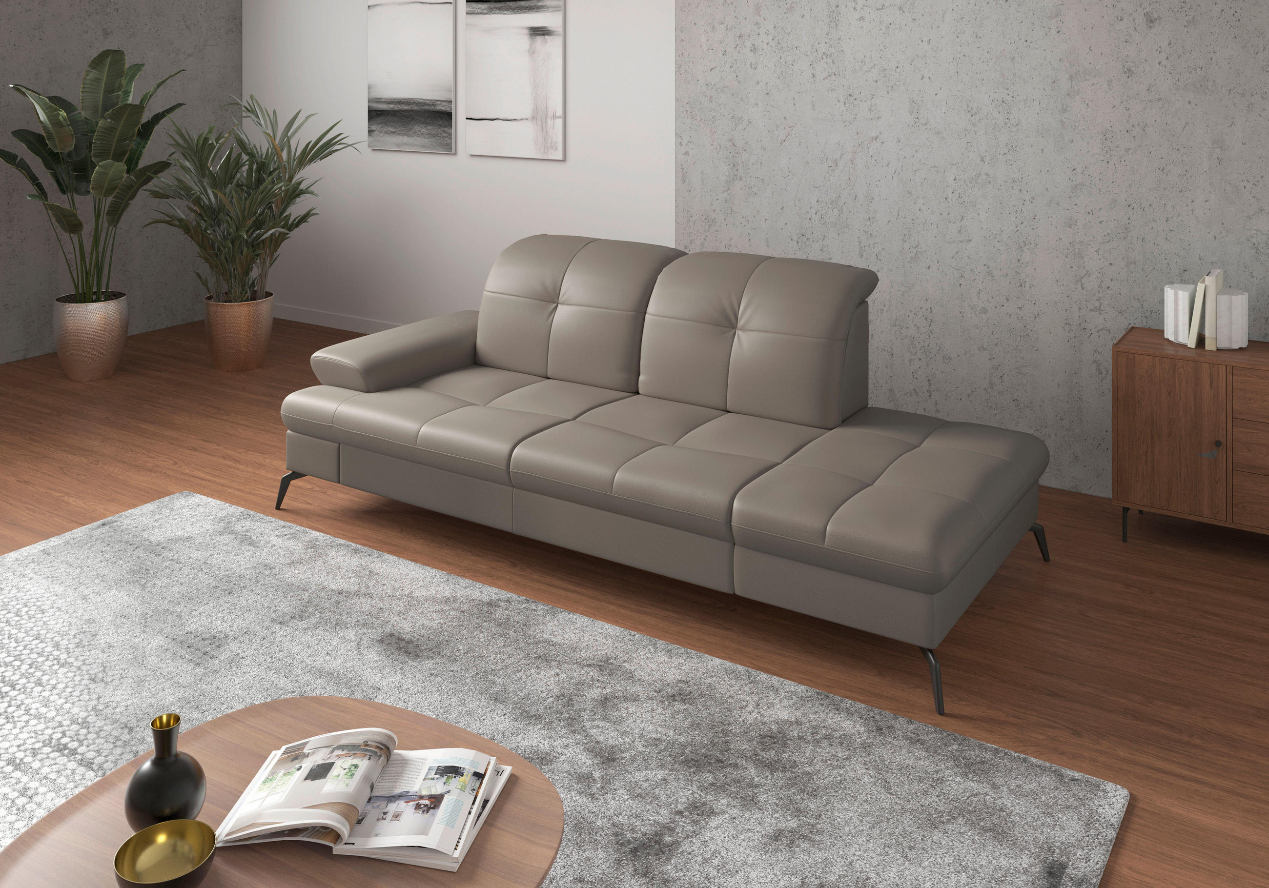 RÉCAMIERE Grau Echtleder  - Schwarz/Grau, KONVENTIONELL, Leder/Metall (231/90/122cm) - Sit & More