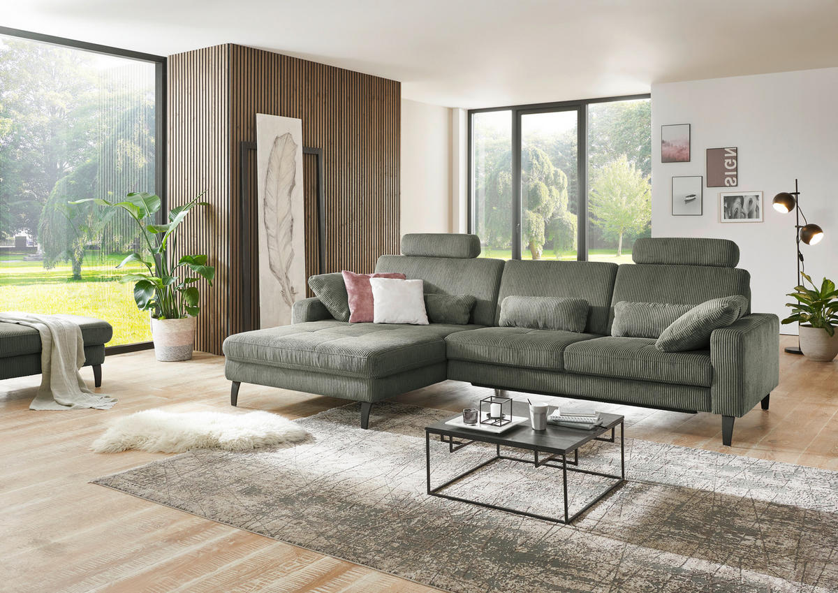 ECKSOFA in Cord Olivgrün  - Schwarz/Olivgrün, Modern, Textil/Metall (177/302cm) - Beldomo Style